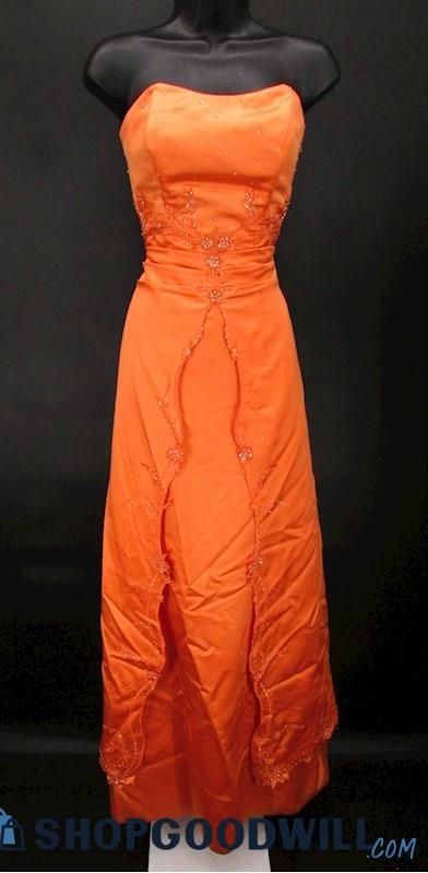 Raylia Women's Orange Embroidered Beaded Strapless A Line Formal Gown SZ 8