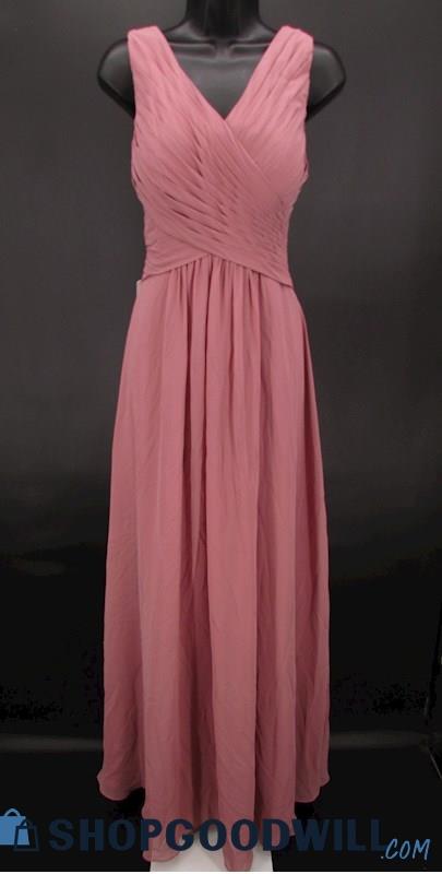 Azazie Women's Dusty Mauve Pleated V Neck Full Length Formal Gown SZ 8