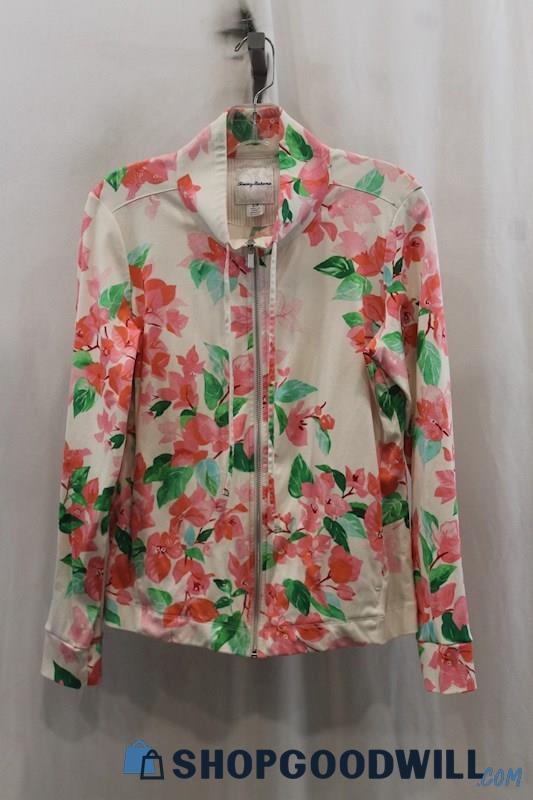 Tommy Bahama Women's White/Pink Floral Print Full Zip Sweater SZ S