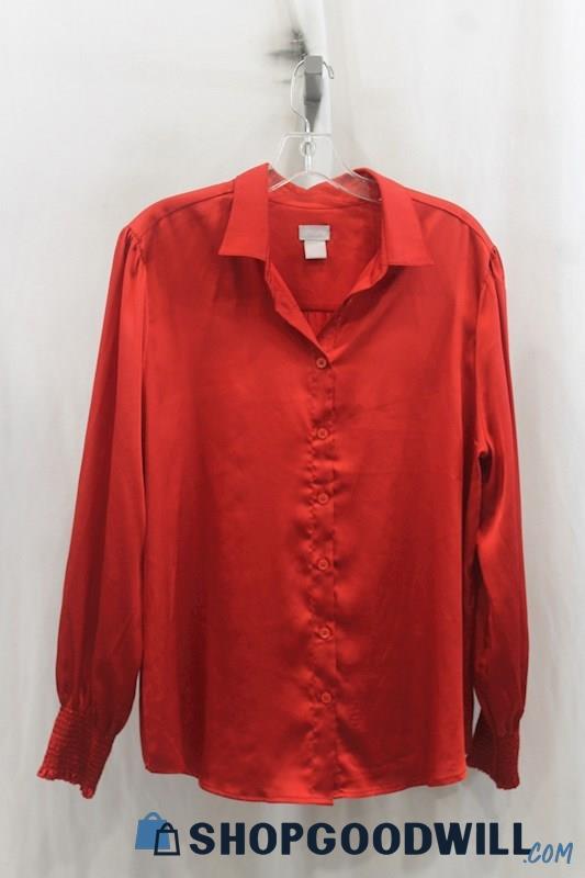 Chicos Womens Red Satin Button Up Shirt Sz 12