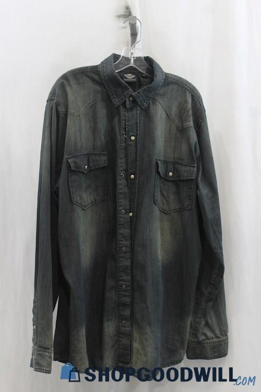 Harley-Davidson Mens Dark Blue Washed Snap Button Shirt Sz XLT