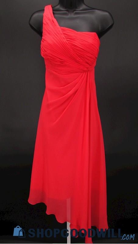 David's Bridal Women's Coral Pink Pleated One Shoulder Knee Length Gown SZ 8