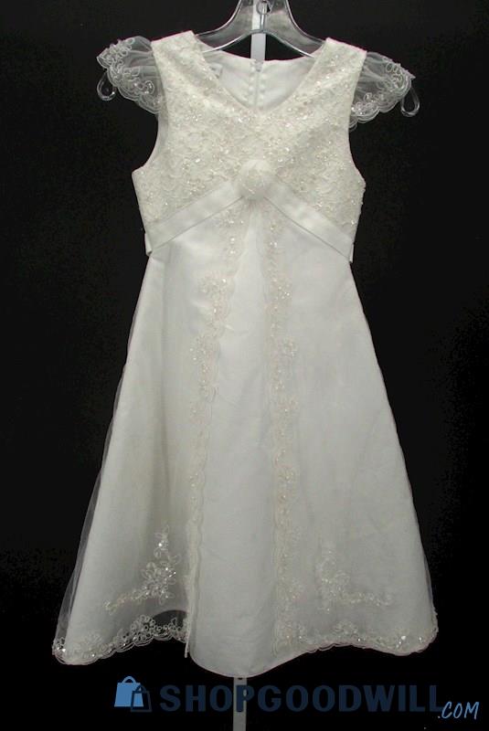 Bonnie Jean Girls Ivory Lace Rosette Cap Sleeve A Line Formal Gown SZ 7