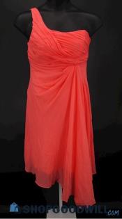 David's Bridal Coral Pink Pleated One Shoulder Knee Length Formal Gown SZ 12