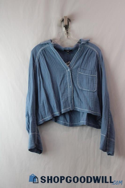 NWT For All 7 Mankind Women's Blue Cropped Button-Up Long Sleeve Sz M