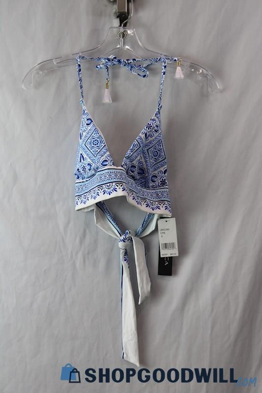 NWT La Blanca Women's White/Blue Tie Halter Strap Triangle Bikini Top sz 6