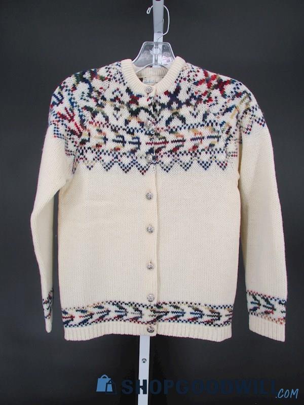 Pandora Women's Vintage Beige/Multicolor Wool Fair Isles Cardigan Sweater SZ XS