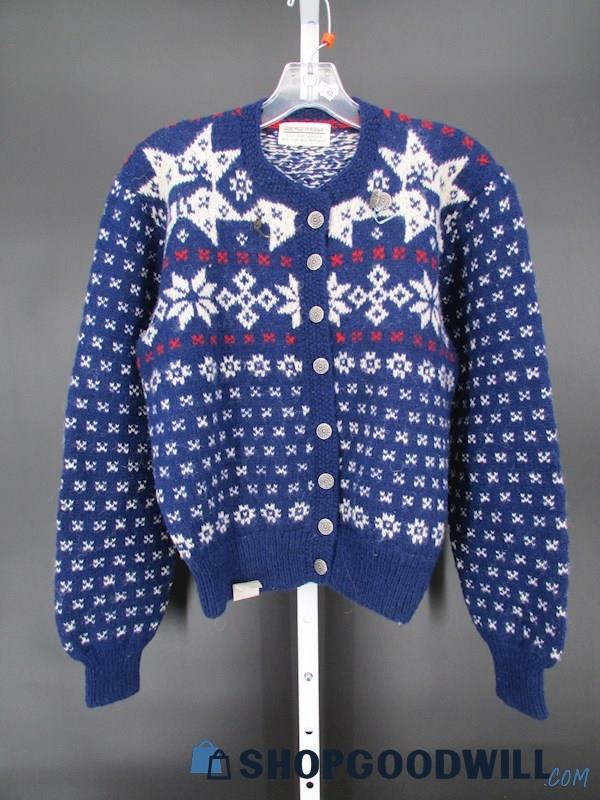 Hand Knit in Norway Women's Blue/White Knit Snowflake/Elk Cardigan Sweater SZ L