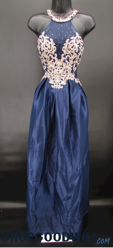 Soieblu Women's Navy Blue & Gold Applique Illusion High Neck Ballgown SZ S