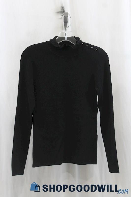 NWT White House Black Market Womens Black Ribbed Ruffle Mock Neck Sweater Sz S