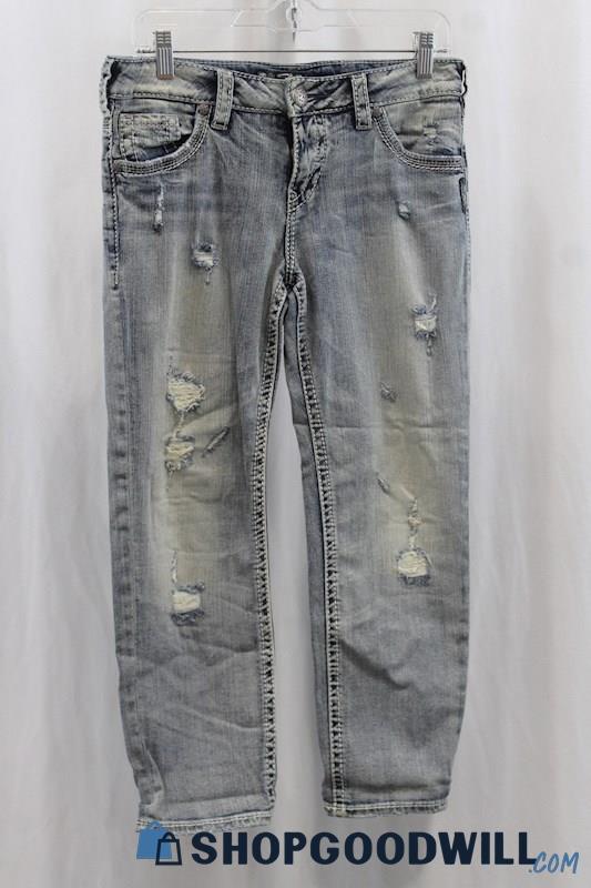 Silver Jeans Womens Acid Blue Distressed Crop Jeans Sz 27