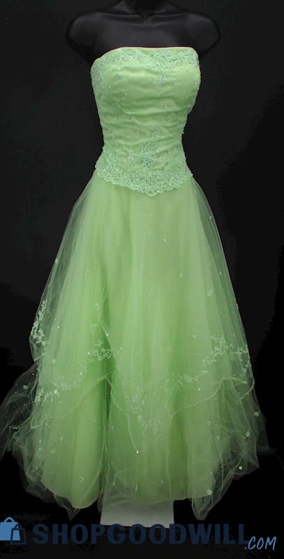 Mori Lee Juniors Light Green Embroidered Sequin Tulle Strapless Ballgown SZ 5