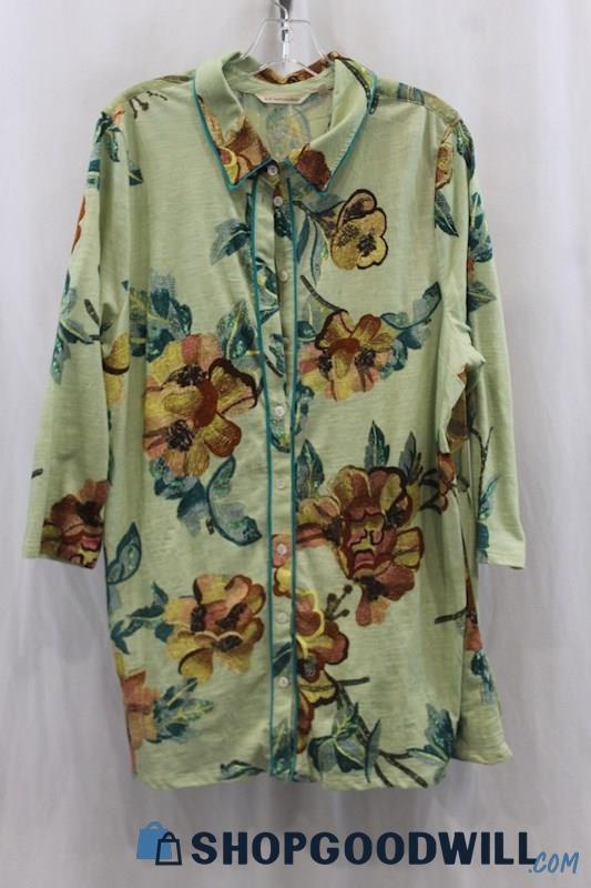 NWT Soft Surroundings Womens Sage Green Floral Button Up Shirt Sz XL