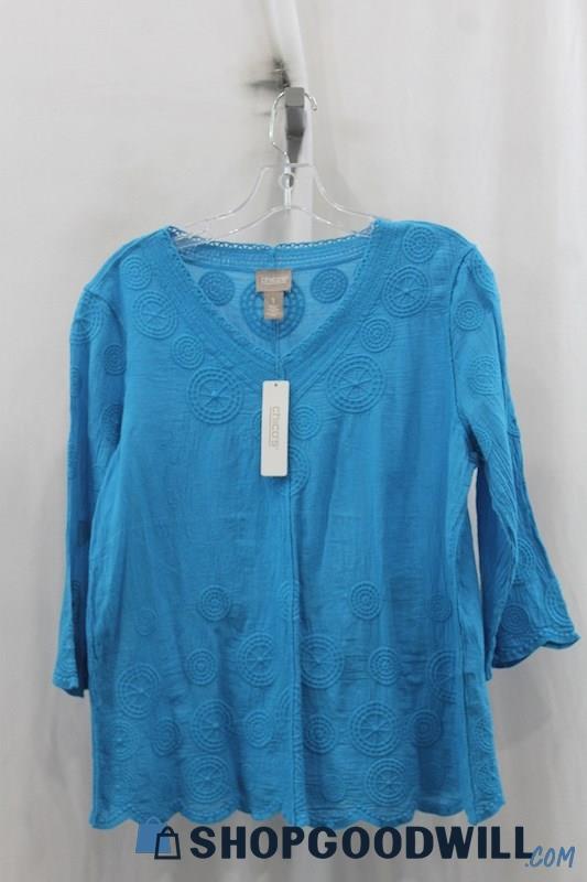 NWT Chicos Womens Aqua Blue Pattern LS Shirt Sz M