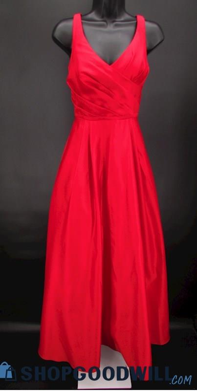 David's Bridal Women's Red Pleated V Neck A Line Formal Gown SZ 8