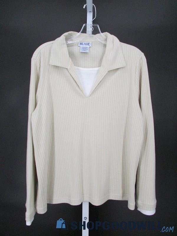 Blair Women's Vintage Cream Ribbed Long Sleeve Collared Shirt SZ M