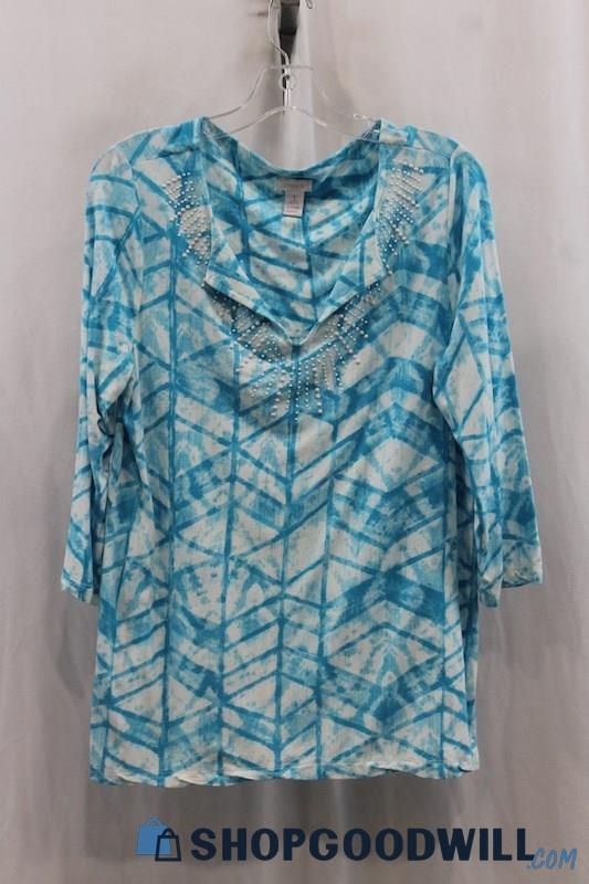 Chicos Womens Blue/White Geo-Pattern Tunic Shirt Sz M