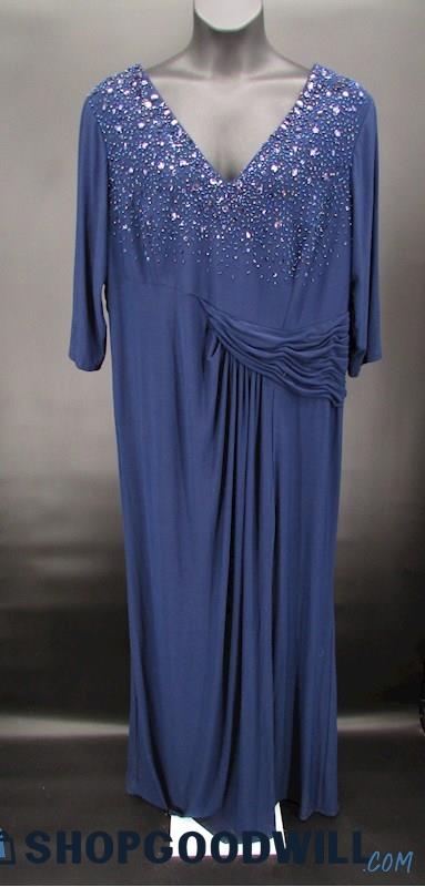 Marina Women's Navy Blue Beaded V Neck 3/4 Sleeve Formal Gown SZ 20W