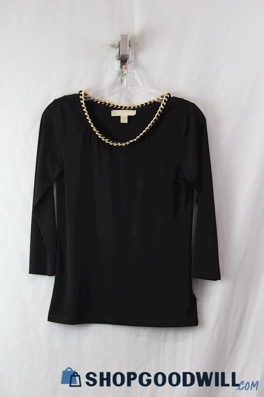 Michael Kors Women's Black/Gold Chain Neckline Long Sleeve Top sz S