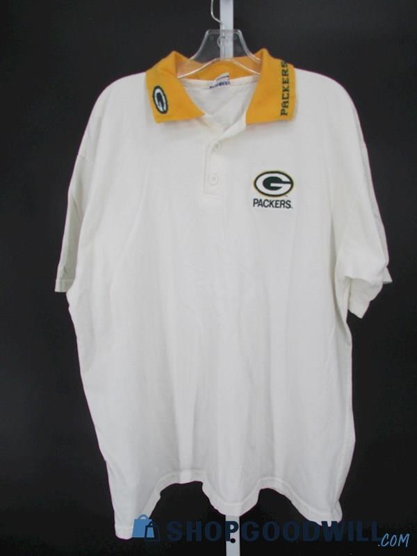 Green Bay Packers Men's White/Yellow Collared Emnbroidered Polo Shirt SZ XL