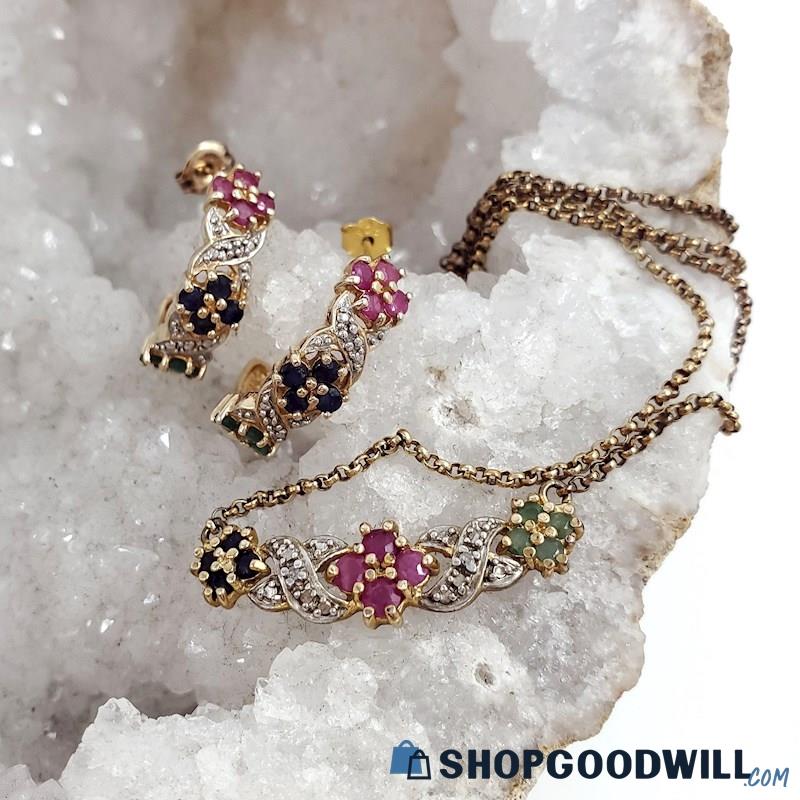 .925 + Vermeil Multi-Stone Flower Necklace + Earring Set 8.00g