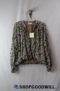 Dress Forum Women's Blue/Yellow Floral Cropped Button Up Blouse SZ XL