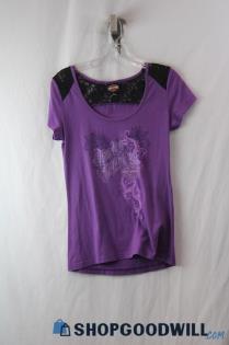 Harley-Davidson Women's Black/Purple Lace Cutout Logo Graphic T-Shirt sz S