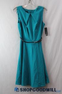 NWT AB Studio Women's Teal Pleated Sleeveless Belted Dress sz 6