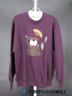 Chesapeake Station Women's Vtg Purple Cat Dble Collared Crewneck Sweatshirt SZ L