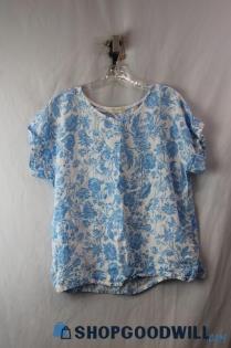 Bellambia Women's Blue/White Floral Pattern linen Shirt SZ S