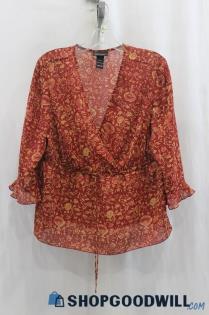 Lane Bryant Women's Red/Tan Floral Print Blouse Shirt SZ 14/16