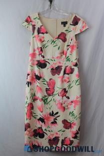 NWT Connected Apparel Women's Ivory/Pink Floral Scuba Cap Sleeve Dress SZ 12