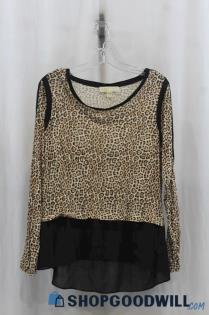 Michael Kors Womens Tan Animal Print Blouse Sz L