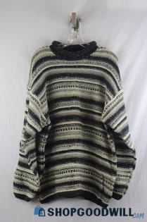 Natural Threads Men's VTG Black/Beige Striped Drop Shoulder Knit Sweater SZ L