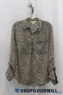 Michael Kors Womens Black/Brown Animal Print 1/4 Zip Blouse Sz L