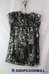 NWT WHBM Women's Black/Green Watercolor Floral Crepe Textured blouse SZ S