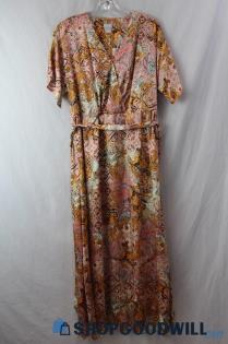 Chico's Women's Pink/Gold Paisley Tie Belt Satin Dress sz 6