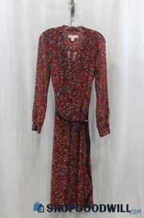 Michael Kors Womens Black/Red Leaf Pattern Belted Button Down Dress Sz M