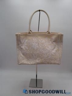 Oscar de la Renta White/Beige Canvas Tote Handbag Purse