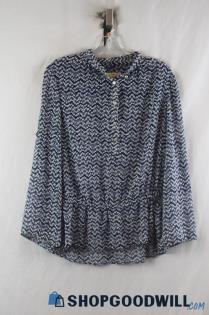 Michael Kors Women's Blue Chevron Sheer Smocked Long Sleeve Peplum Top SZ S