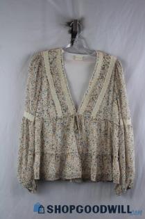 Altar'd State Women's Beige/Blue Floral Long Sleeve V Neck Peplum Top sz S