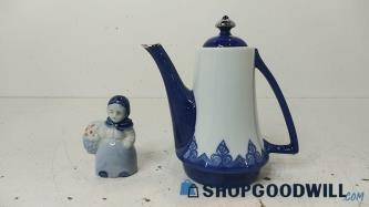 2pc Mixed Porcelain-like Blue White Bombay Tea Pot & Woman w/Basket Figurine