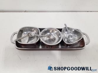 Metal Condiment Serving Tray w/ Bowls And Spoons