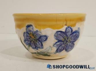 VTG Art Pottery Hand Painted Made Small Bowl Yellow Rim Blue Flowers