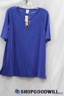 NWT Chico's Women's Blue V-Neck 3 Ring Elbow Sleeve Blouse sz M/8