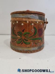 Vintage Flower Patterned Wooden Bucket w/ Lid