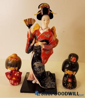 3pc Japanese-Geisha-Style Figurines Porcelain/Cloth/Wood Unbranded Approx 5-12"