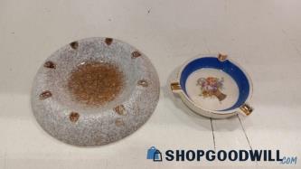 2pc E & R American Artware Ashtrays Pottery Flower, Gray Blue, White