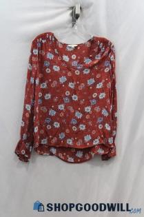 Lucky Brand Women's Red/Blue Patterned Sheer V-Neck Blouse sz S