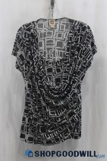 Anne Klein Womens Black/White Geo-Pattern Drape Shirt Blouse Sz XL